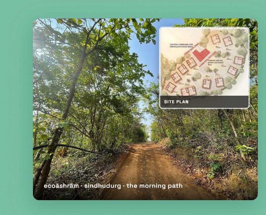 startup ecoāshrām morning path with site plan inset