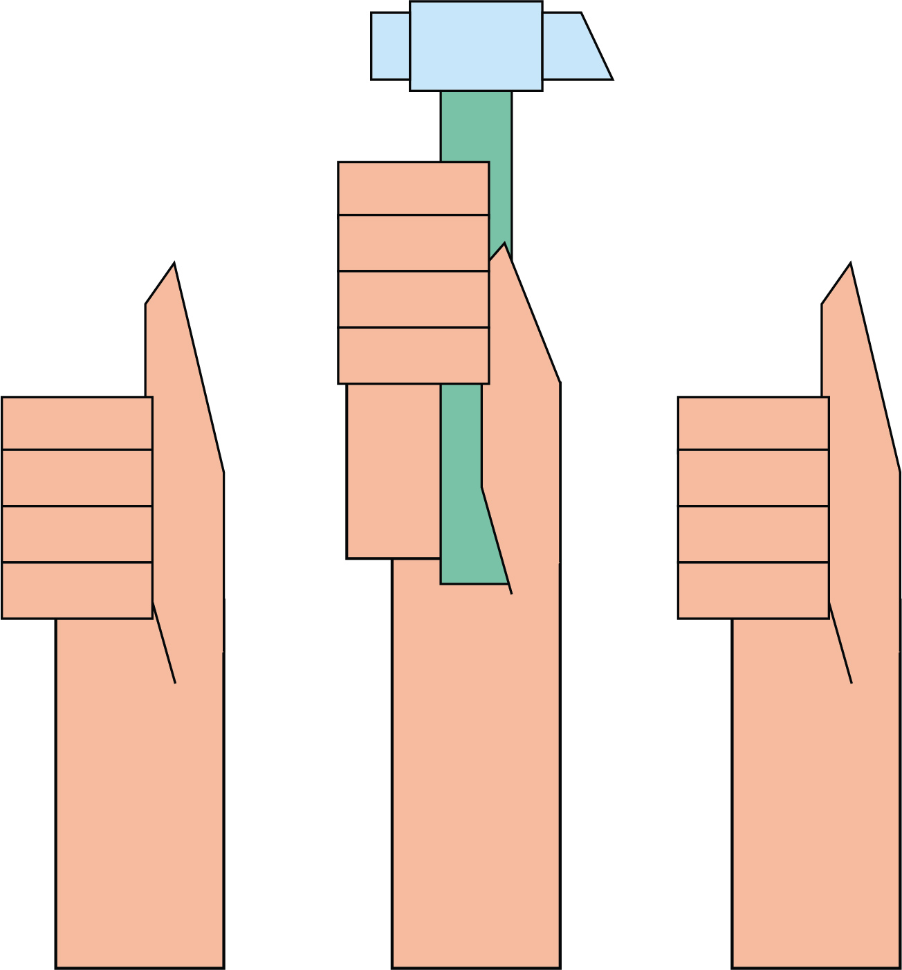 three thumbs up, one holding a stack of blocks with a hammer